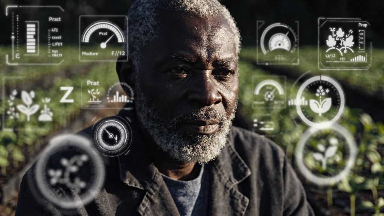 A contemplative farmer in a lush green field, reflecting on the growth of his crops amidst advanced agricultural technology and data-driven insights.
