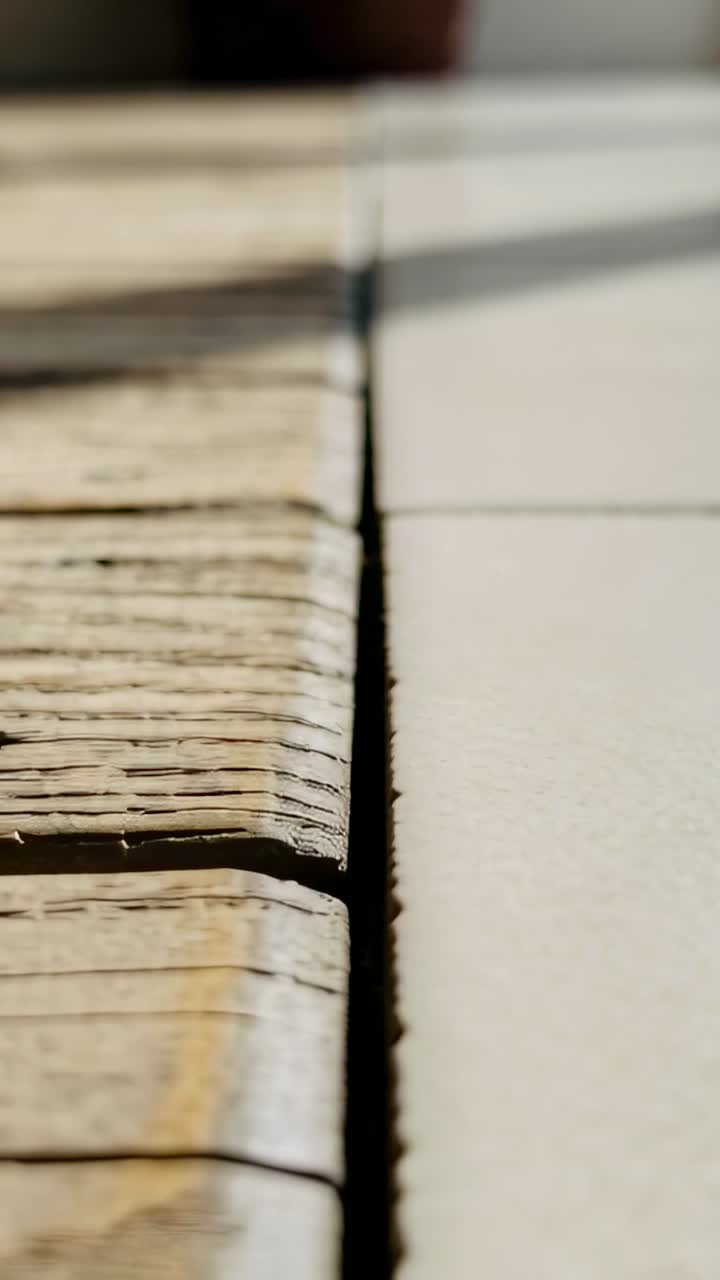 Vertical video: Pulling focus sliding camera along seam at worn plank and white tile showing dust