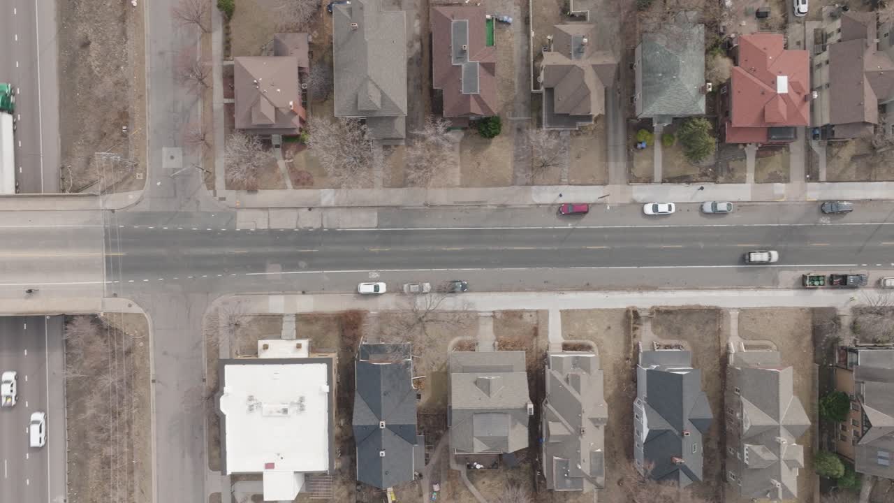 Aerial top-down shot of freeway intersection and Minneapolis residential roads