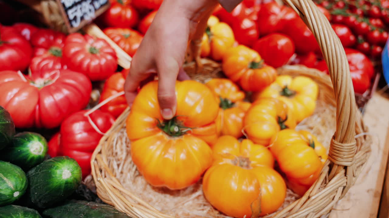 Close up of a woman's hand picking up yellow tomatoes from a basket at a market