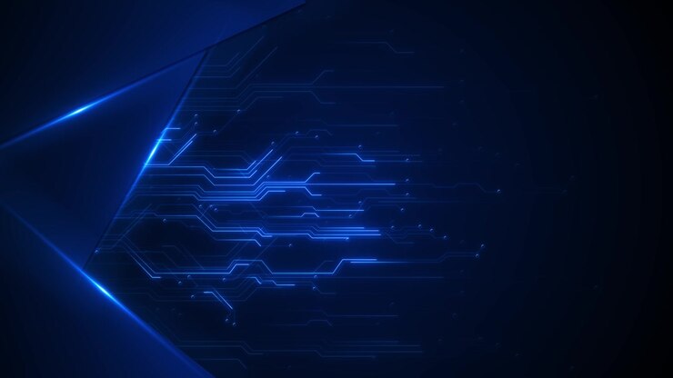 Sfondo tecnologia scheda circuito blu, tracce elettroniche luminose, pannelli a gradiente scuro, futuristico