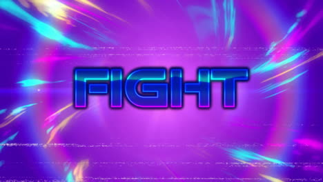 animation of fight text over colourful light trails on purple background