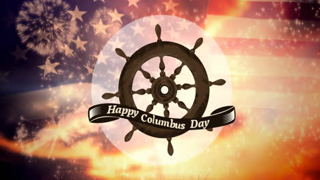 animation of steering wheel and happy columbus day over vintage flag of usa