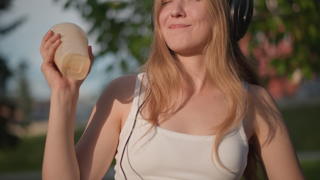 Donna bianca bionda che balla con un caffè freddo, cuffie, luce dorata del sole nel parco. Scuote e ispeziona il bicchiere di plastica, sorseggia, chiude gli occhi alla melodia, si dondola con un sorriso spensierato, primo piano sulle mani