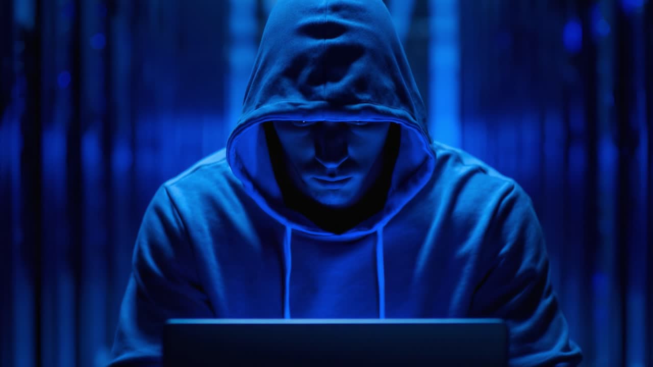 En mystisk figur i en hættetrøje er engageret i spændende digitale aktiviteter midt i et mørklagt serverrum badet i blåt lys.