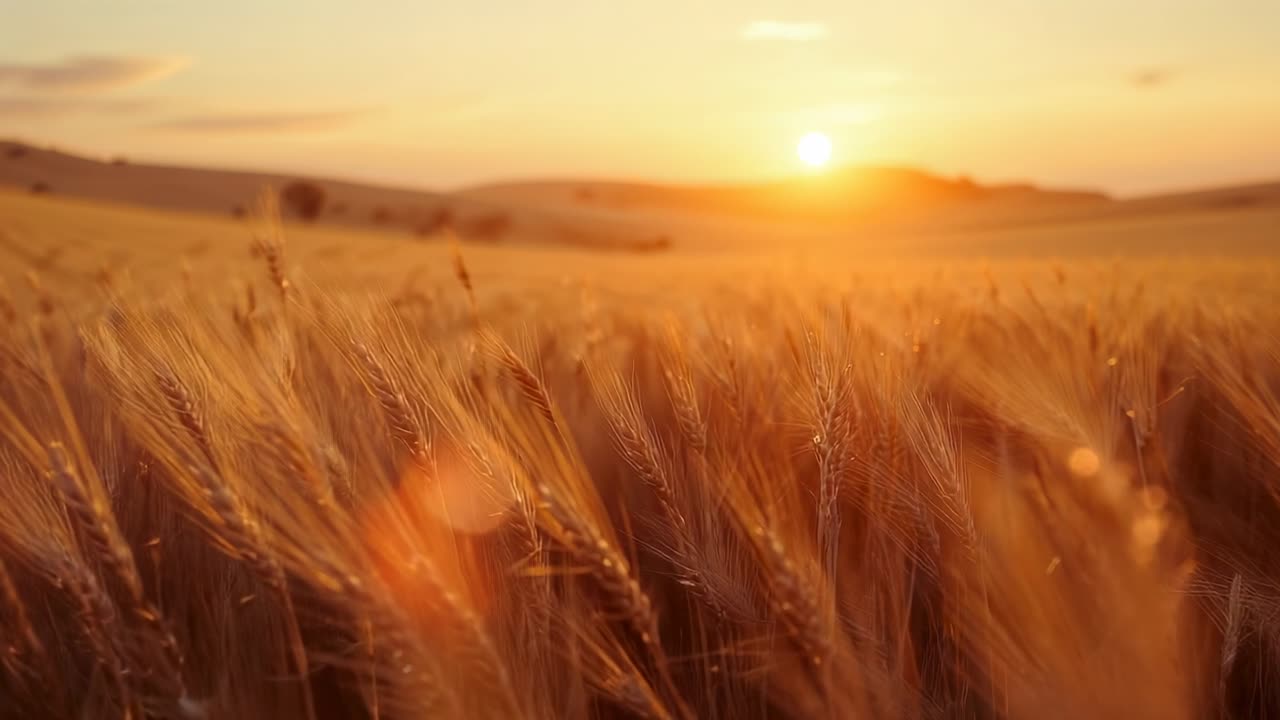 Swaying golden wheat stalks by breeze in sunset farmland, with low sun disk, drifting lens flares