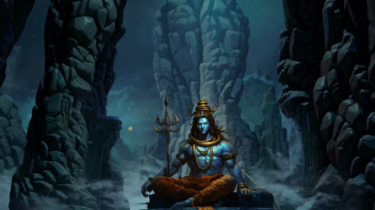 A mystical, digital art depiction of a meditative figure with a trident, viewed from a low angle