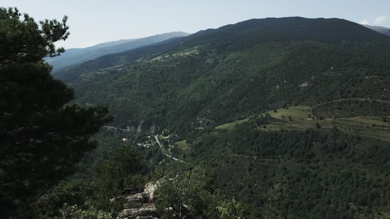 Verdant mediterranean mountain range with solitary tree perched on rocky outcrop, winding road traversing lush valley floor under bright sunlight