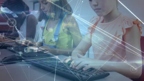 network of connections and data processing against diverse female students using computer at school
