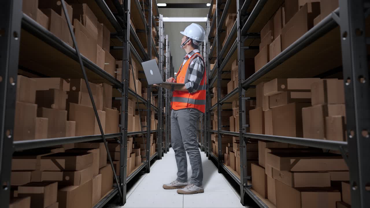 vista lateral completa del cuerpo de un ingeniero masculino asiático con casco de seguridad mirando una computadora portátil y mirando a su alrededor mientras está de pie en el almacén con estantes llenos de productos de entrega