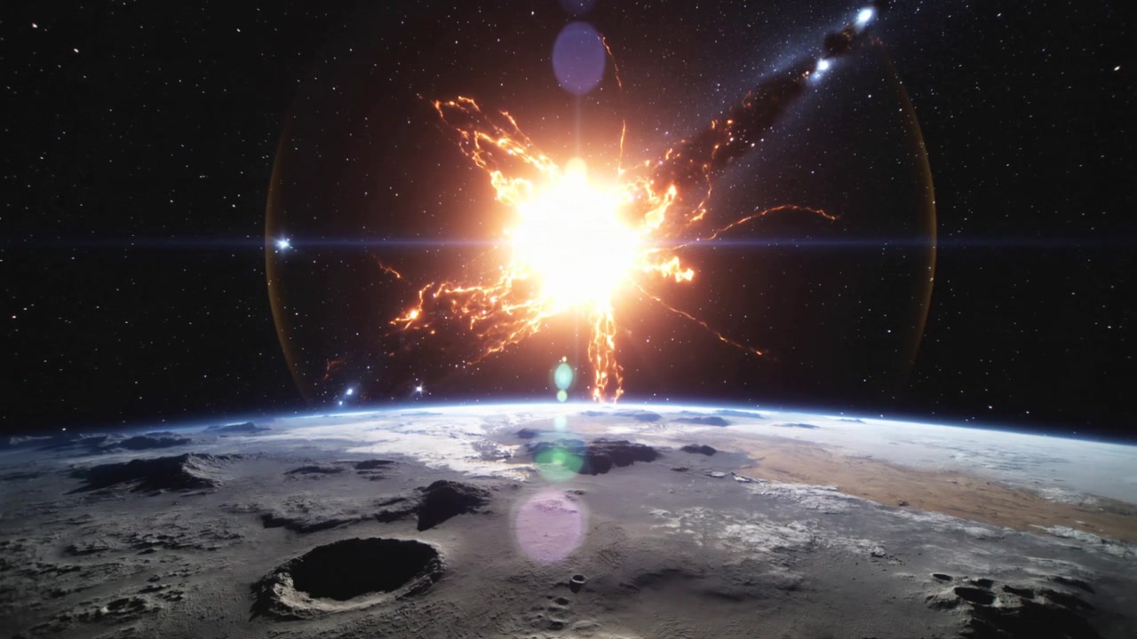 Nucleo luminoso che esplode ed emette viticci incandescenti nello spazio, proiettando bagliori e rilasciando calore su un cratere