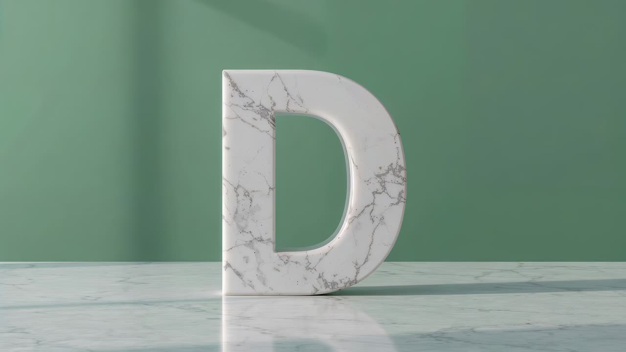 Sunlight casting window grid shadow across marble letter D on tabletop in studio, showing contours