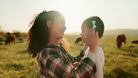 Cows,-farm-and-mother-bonding-with-child