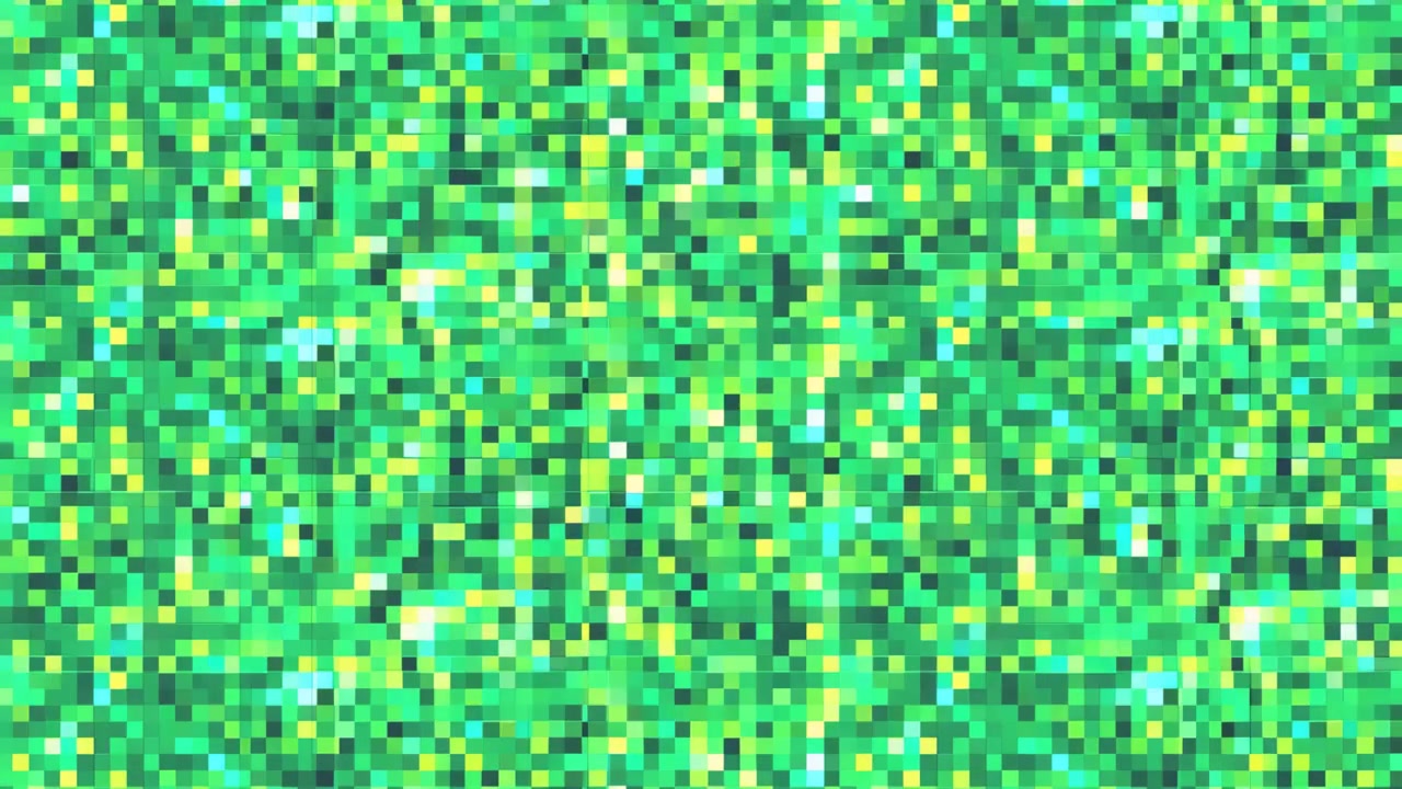 Vista frontale di un denso mosaico a tessere quadrate in verdi saturi, con riflessi sparsi gialli, ciano e quasi bianchi che luccicano e cambiano attraverso una griglia uniforme per un movimento astratto vivace e
