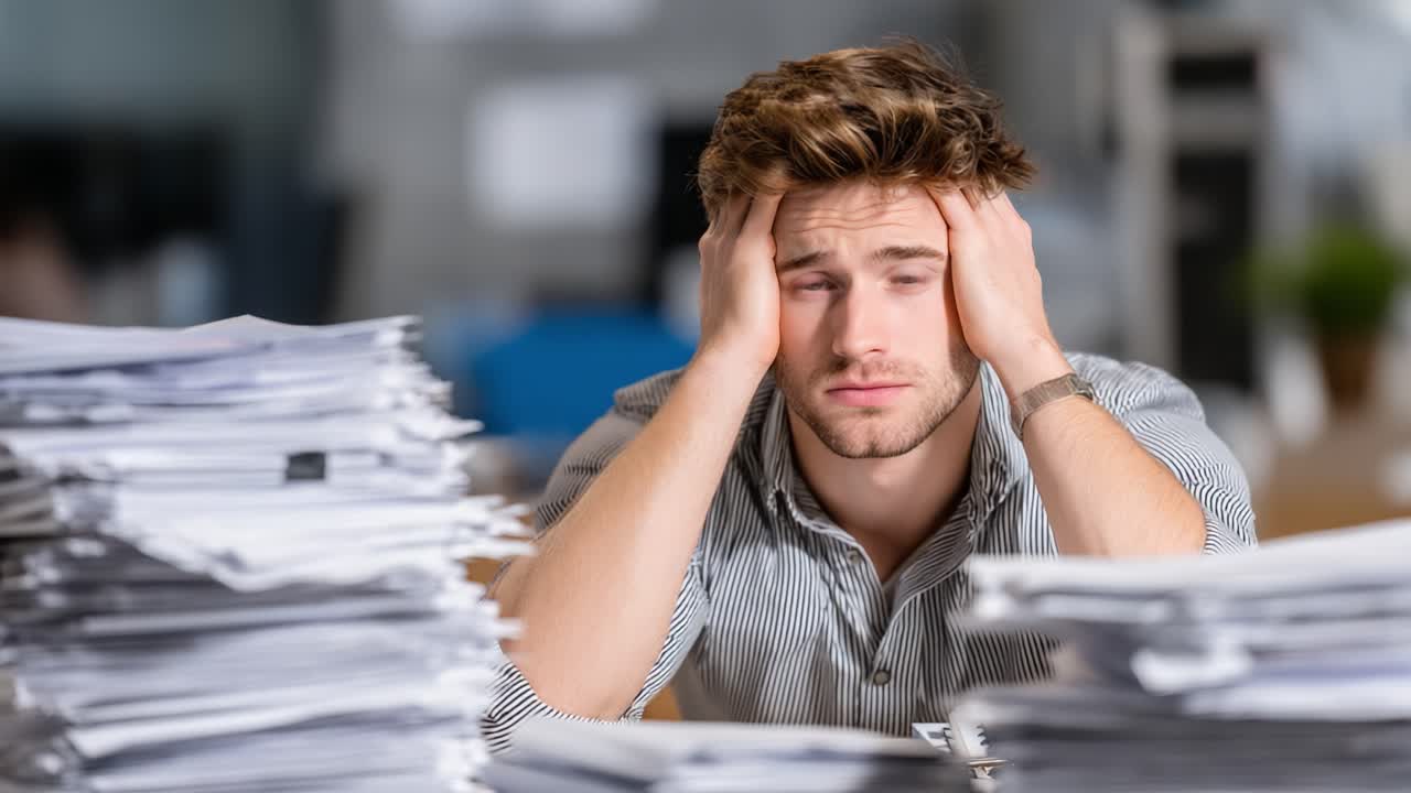 A Young Man in an Office Overwhelmed by a Mountain of Paperwork, Conveying Stress and Frustration with His Head in His Hands Amidst Disorganized Files