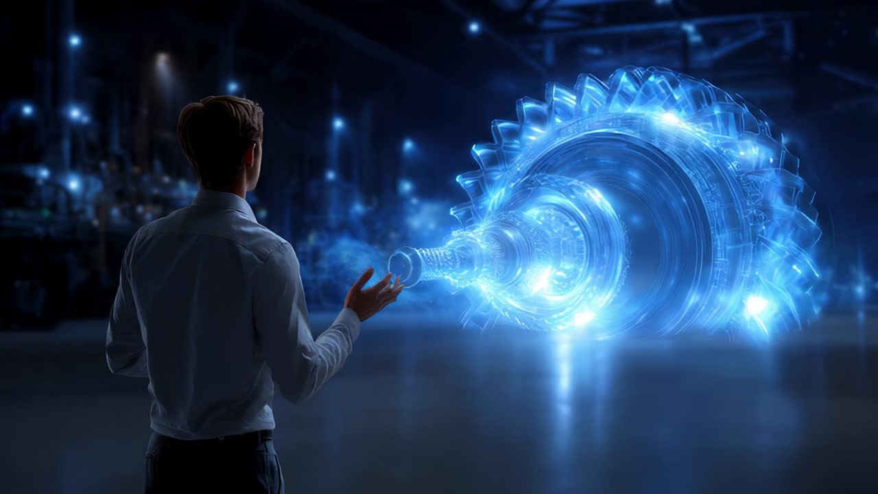 Exploring Advanced Technologies: A Visionary's Interaction with a Futuristic Turbine Visualization in a High-Tech Environment, Showcasing the Fusion of Engineering and Imagination in a Groundbreaking Demonstration