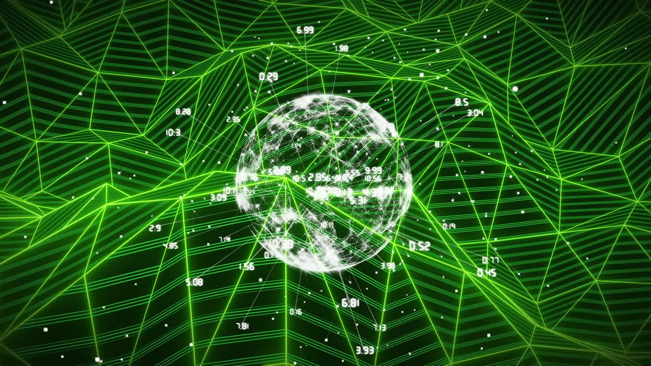 animación del procesamiento de datos y globo con formas en fondo negro