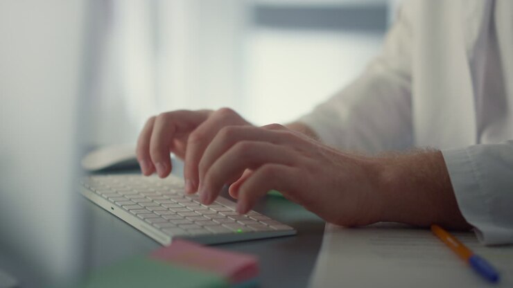 Physician hands typing keyboard in hospital close up. Doctor working on computer