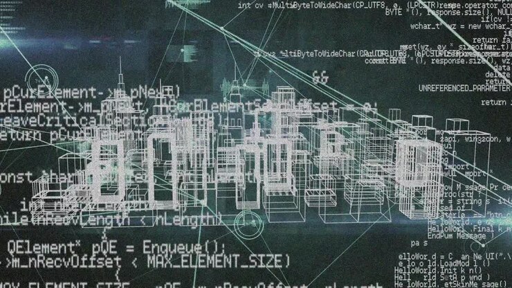 Animation of data processing over digital cityscape