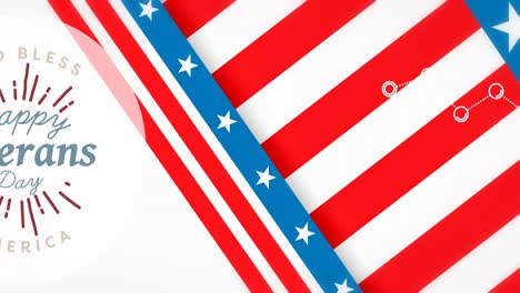animation of happy veterans day over background in colours of flag of usa