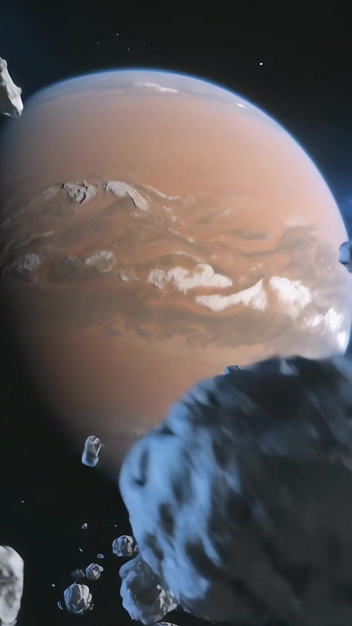 Vertical video: Gliding camera entering asteroid field, revealing orange planet and nearby boulder