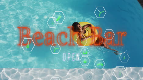 relaxing in pool, woman with animation of beach bar open and hexagonal graphics