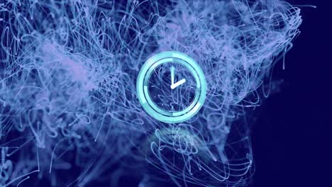 Animation-Von-Uhr-Und-Blauer-Energie-Auf-Dunkelblauem-Hintergrund