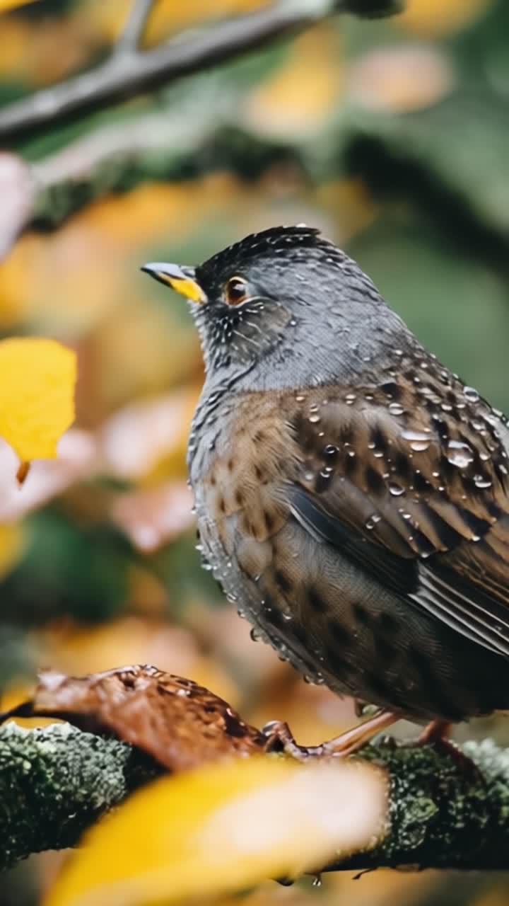 A Close-up of a Rain-Drenched Bird Amidst Autumn Leaves, Capturing Nature's Beauty in the Misty Atmosphere with Drops of Water on Its Feathers