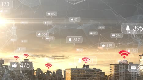 Animation-of-wifi-and-social-media-icons-and-numbers-on-banners-over-cityscape