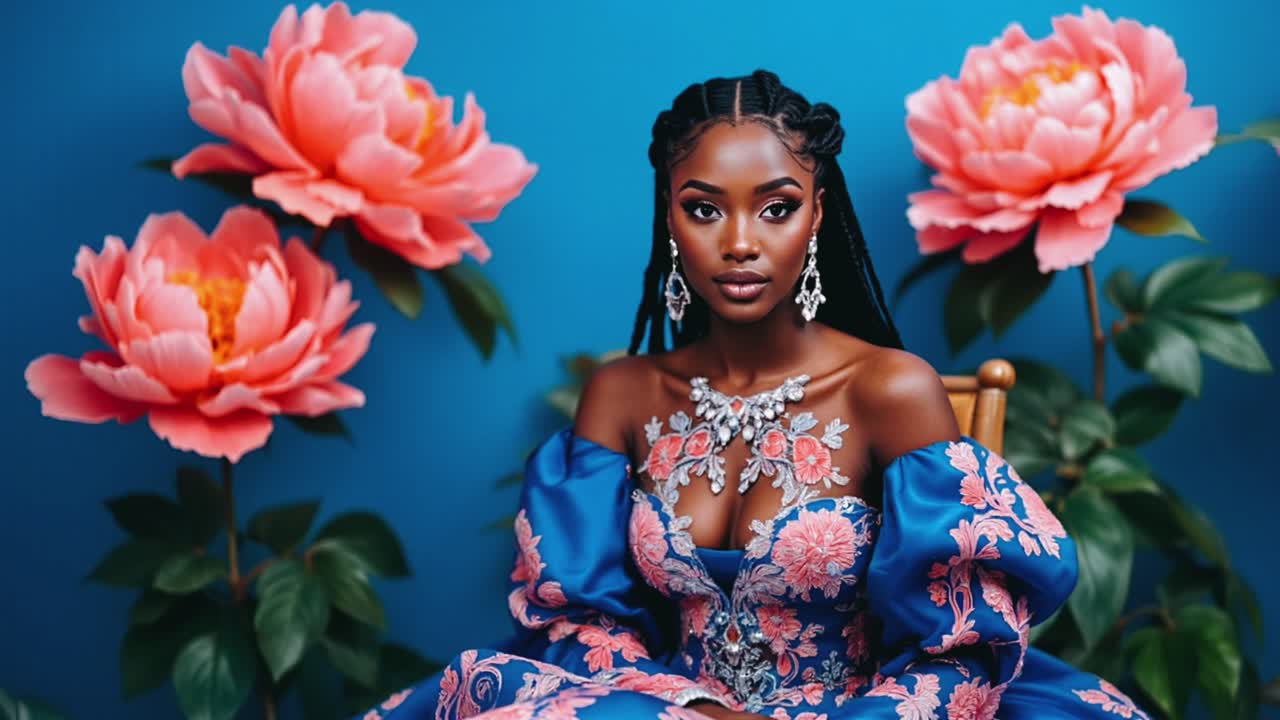 Elegant African Woman in a Floral Blue Dress
