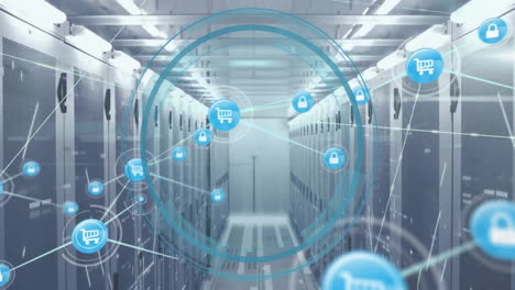 Animation-of-cyber-security-text,-network-of-connections-with-trolley-icons-over-computer-servers