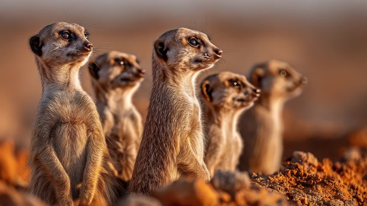 A Group of Alert Meerkats Stand Vigilantly in Their Natural Habitat, Exhibiting Their Unique Social Behavior and Communication Skills Under the Warm Sunset Light