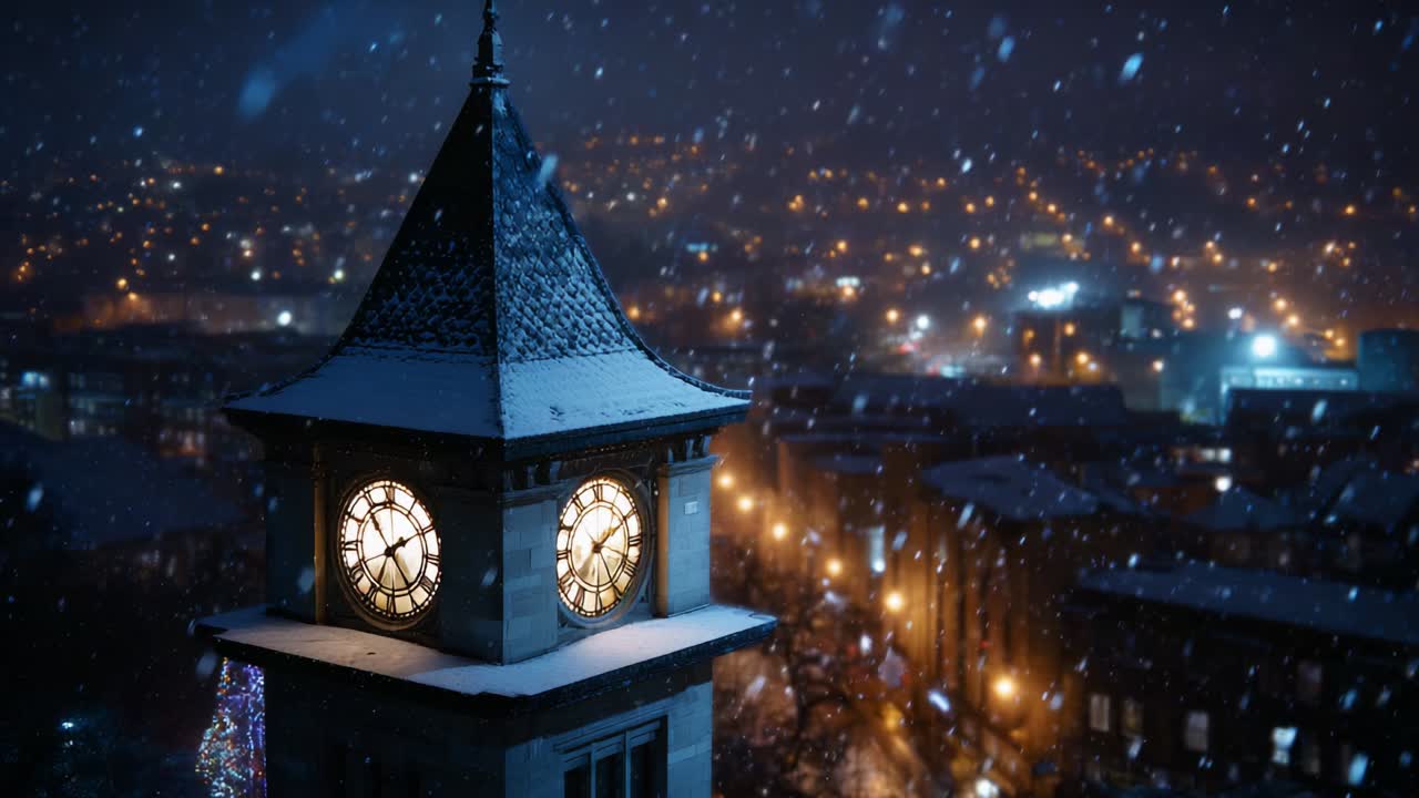 A Captivating Nighttime View of a Snow-Covered Clock Tower in a City, Illuminated by Streetlights Against a Backdrop of Gentle Snowfall and Shimmering City Lights Creating a Magical Winter Atmosphere
