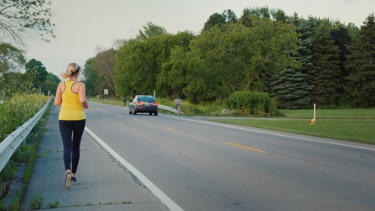 중년 여성은 미국의 전형적인 교외 지역에서 건강한 생활 방식으로 도로를 따라 달리고 있습니다.