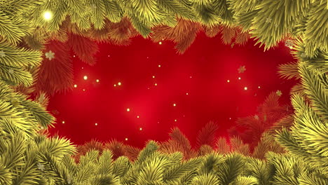 animation of christmas fir tree branches and snow falling on red background