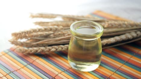 top view of wheat cooking oil bottle on table