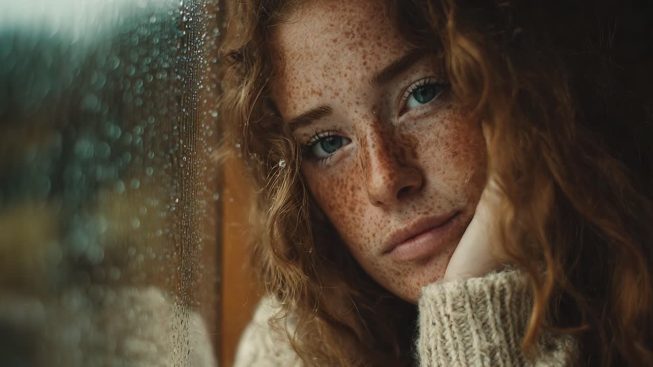 A Pensive Young Woman with Freckles Gazes Thoughtfully Through a Rain-Splattered Window, Capturing a Moment of Reflection and Emotion Amidst a Murky Atmosphere