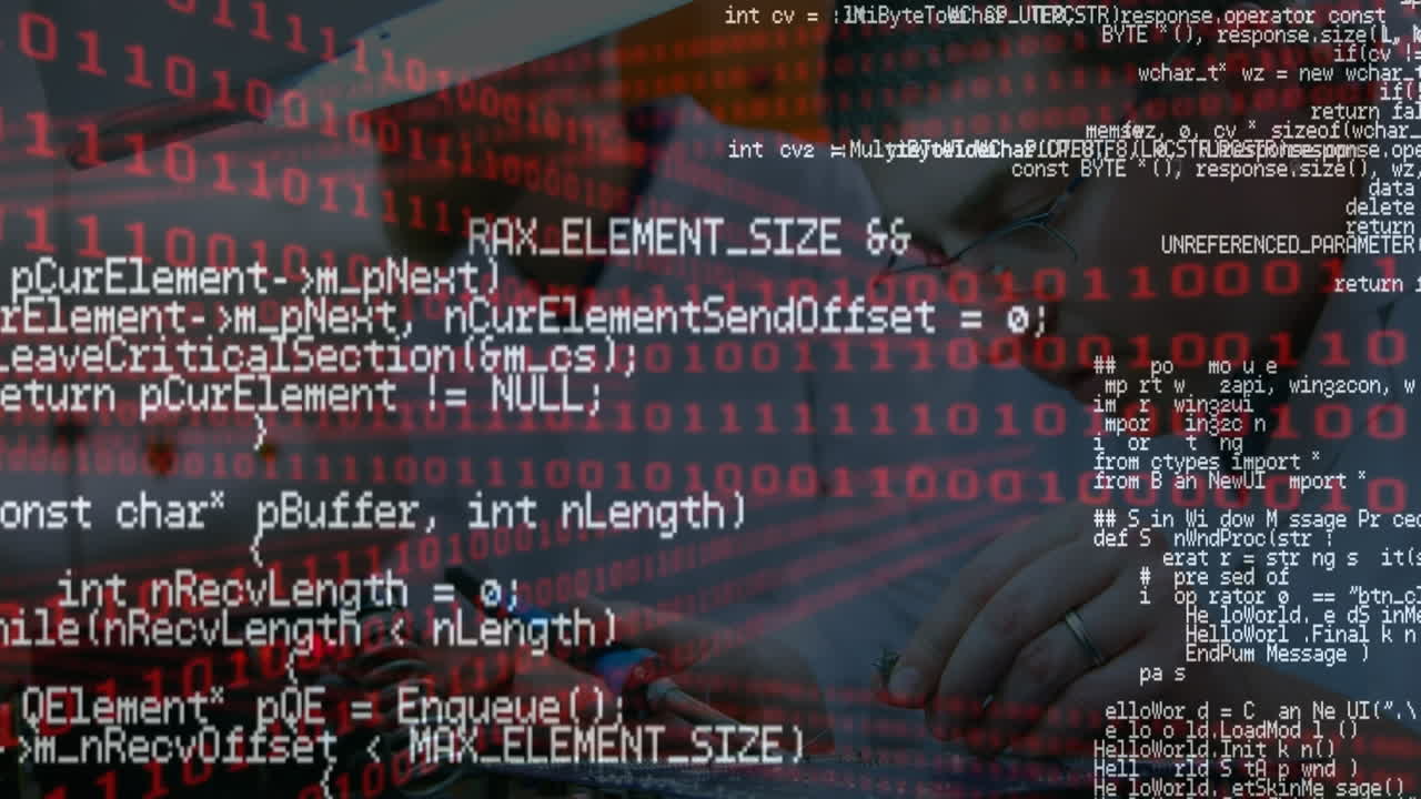 Animation of binary coding and data processing over two caucasian male engineers working at factory