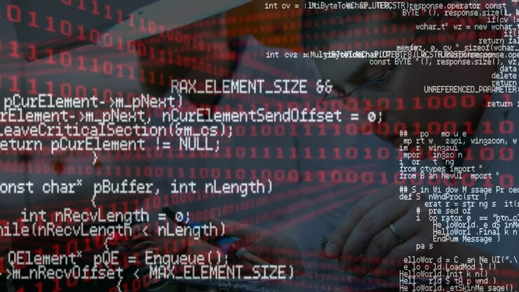 Animation of binary coding and data processing over two caucasian male engineers working at factory