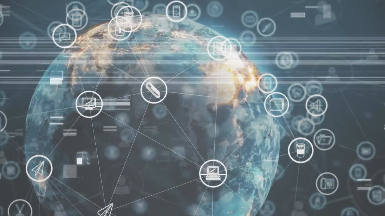 검은색 배경에 아이콘이 있는 데이터 처리 및 지구의 애니메이션