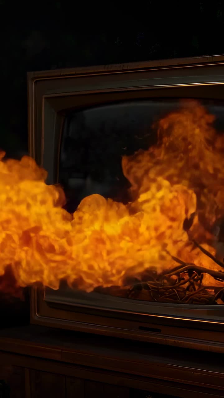 Video verticale: Una fiamma erutta da una TV CRT vintage posizionata su un mobile in legno, consumando ramoscelli ed emettendo fumo.