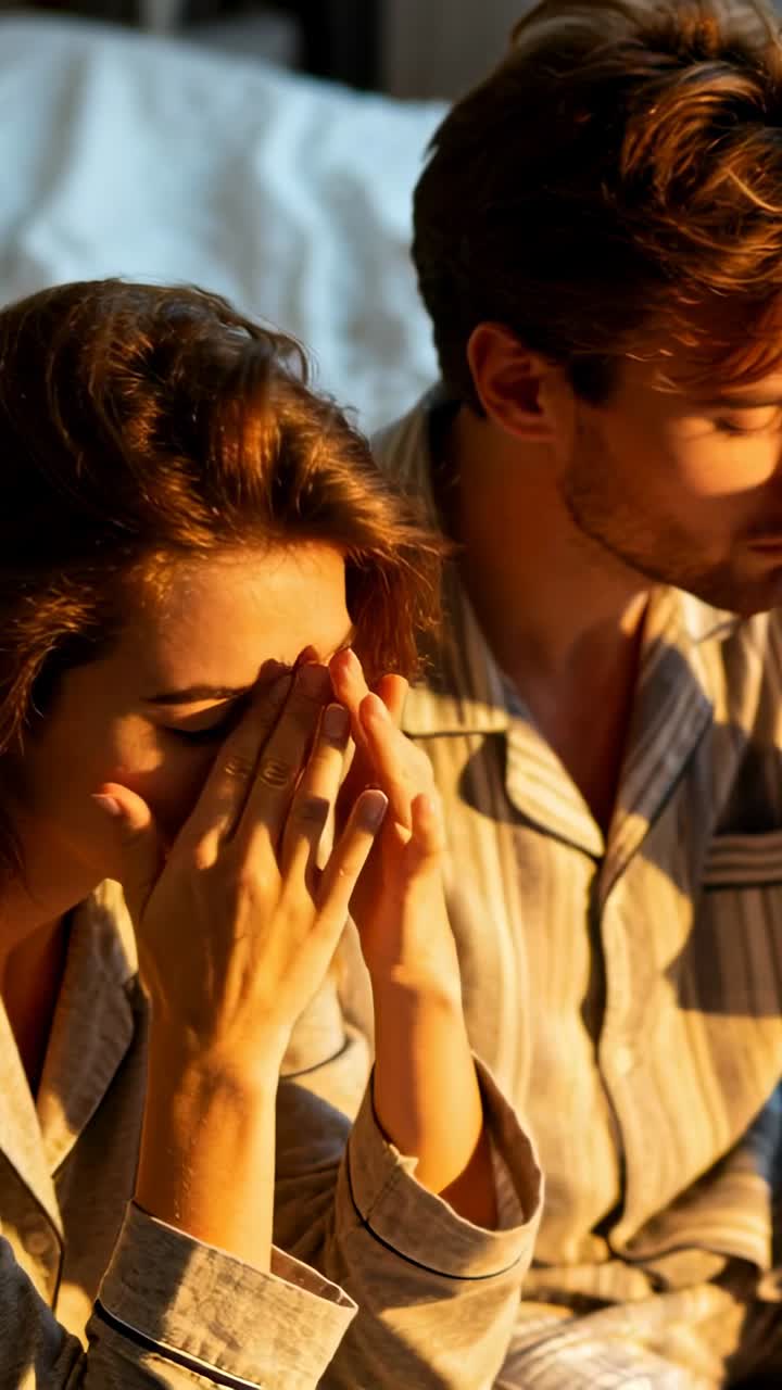 Video verticale: Luce del sole che sveglia una donna che si strofina gli occhi sul letto, con un uomo che indossa vestiti a righe accanto a lei.