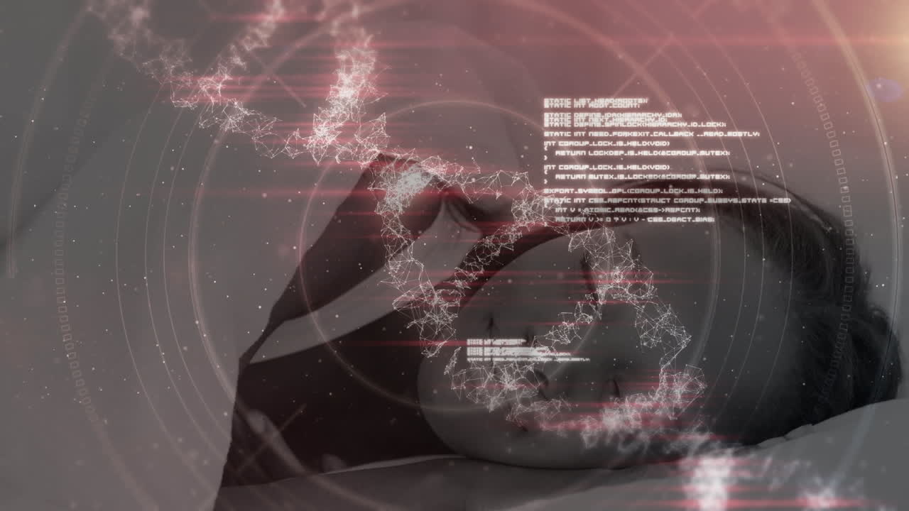 dna 가닥의 애니메이션과 잠자는 여자에 대한 과학적 데이터 처리