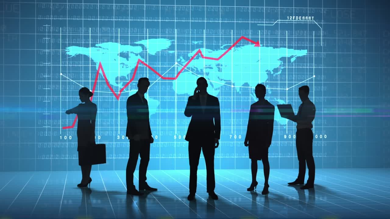 Animation of data processing over lightning icons and business people