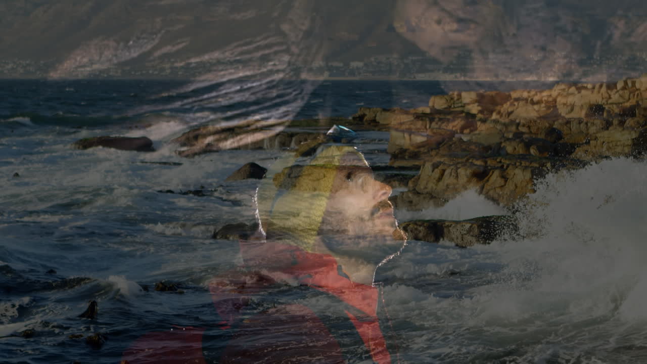 анимация пейзажа над кавказским мужчиной-путешественником