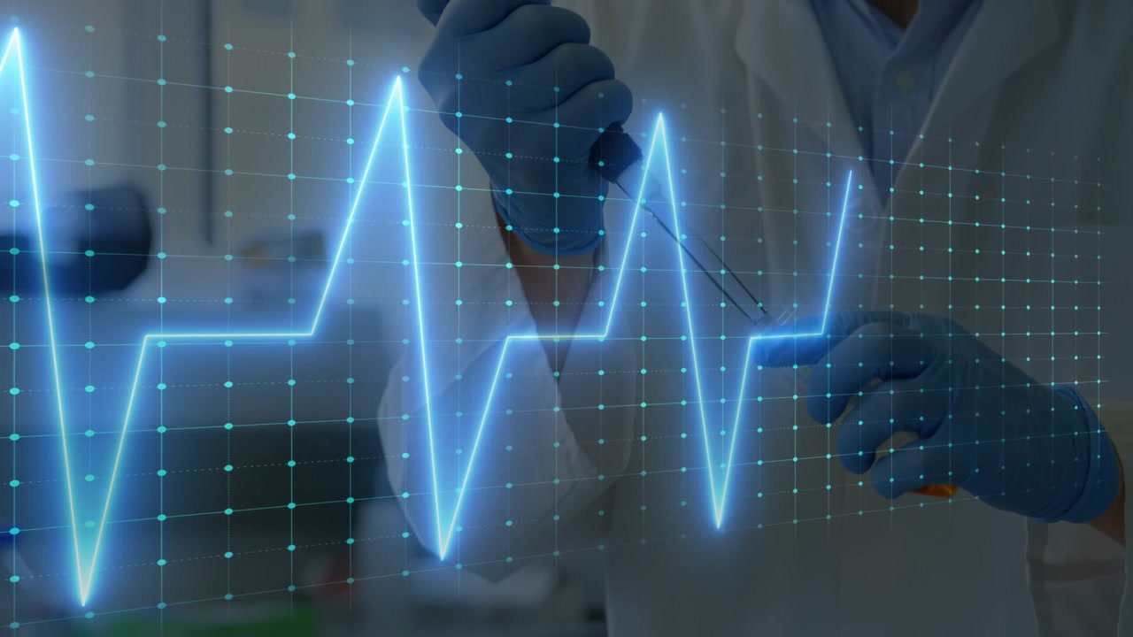 Tech handing vial pipette at lab bench transferring sample, ECG pulsing in sync, preparing transfer