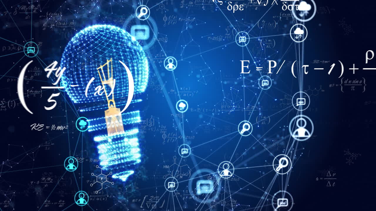 Animation of mathematical equations, light bulb and communication networks on dark background