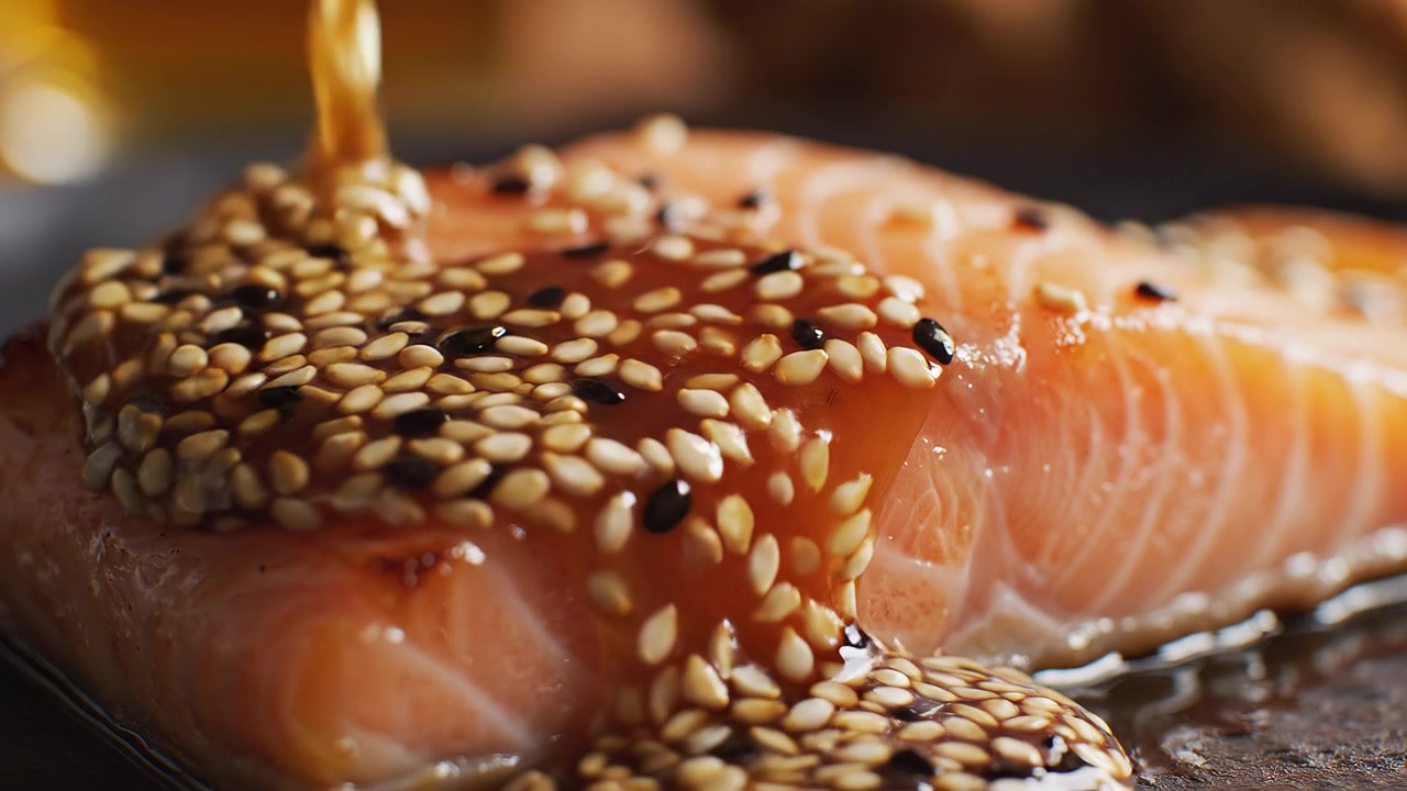 Delizioso filetto di salmone glassato con salsa al sesamo.