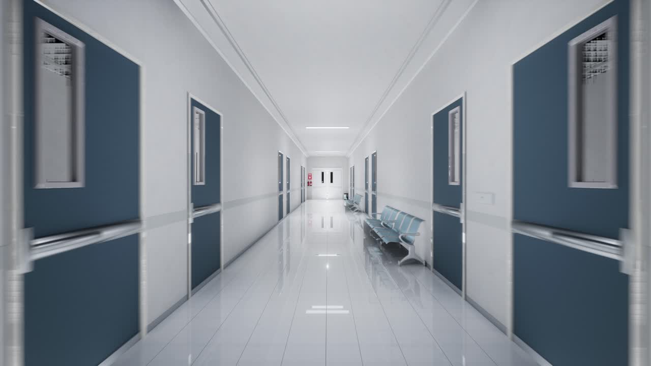 A Clean, Modern Hospital Corridor With Polished Floors And Bright Lighting