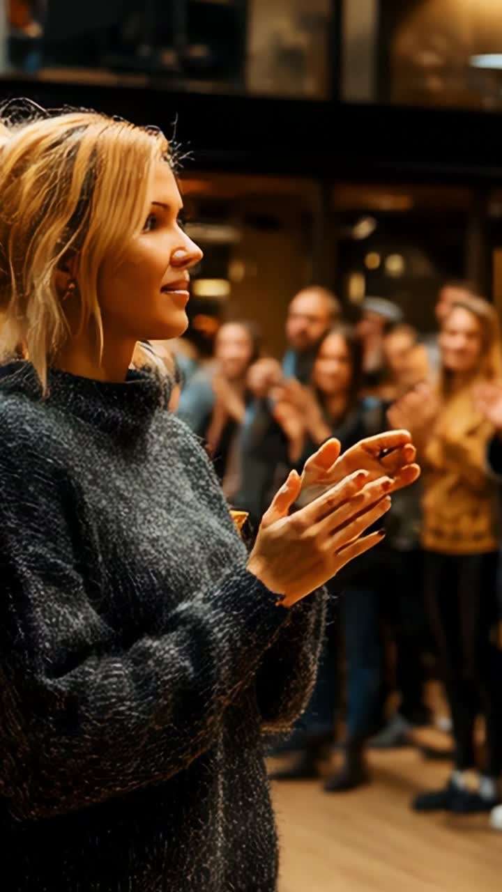 Momenti coinvolgenti: una donna applaude con entusiasmo in una folla vivace, sottolineando la connessione e la celebrazione in un ambiente vibrante